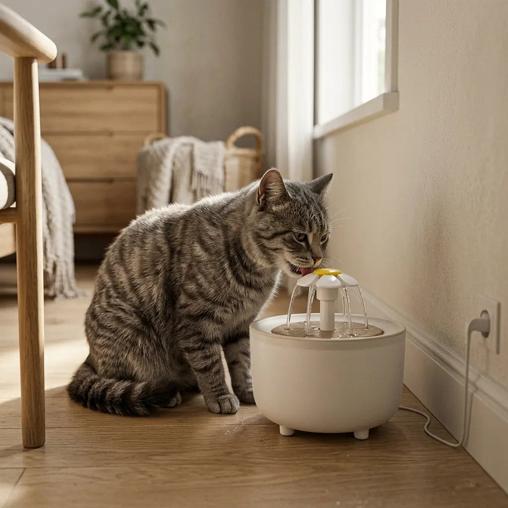 Chat buvant dans une fontaine à eau électrique pour chat équipée d'une fleur diffuseuse