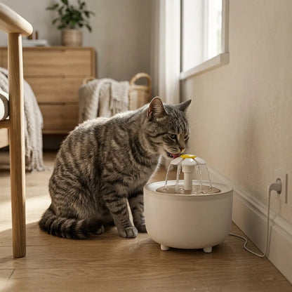 Chat buvant dans une fontaine à eau électrique pour chat équipée d'une fleur diffuseuse