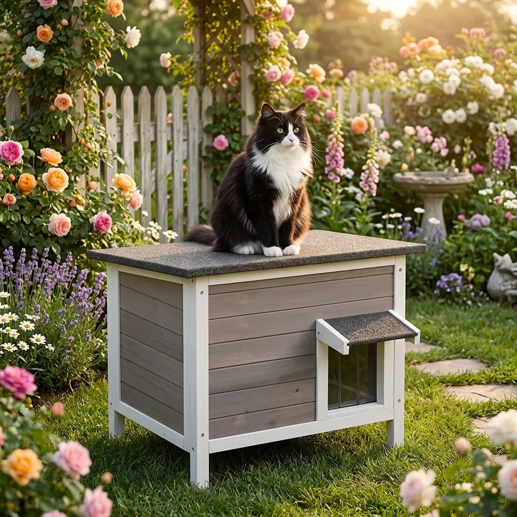 Chat installé sur une maison extérieure en bois dans un jardin fleuri avec abri confortable.