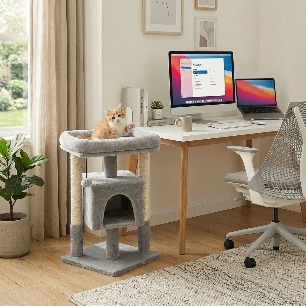 chaton arbre à chat gris installé près d'un bureau avec niche et perchoir rembourré