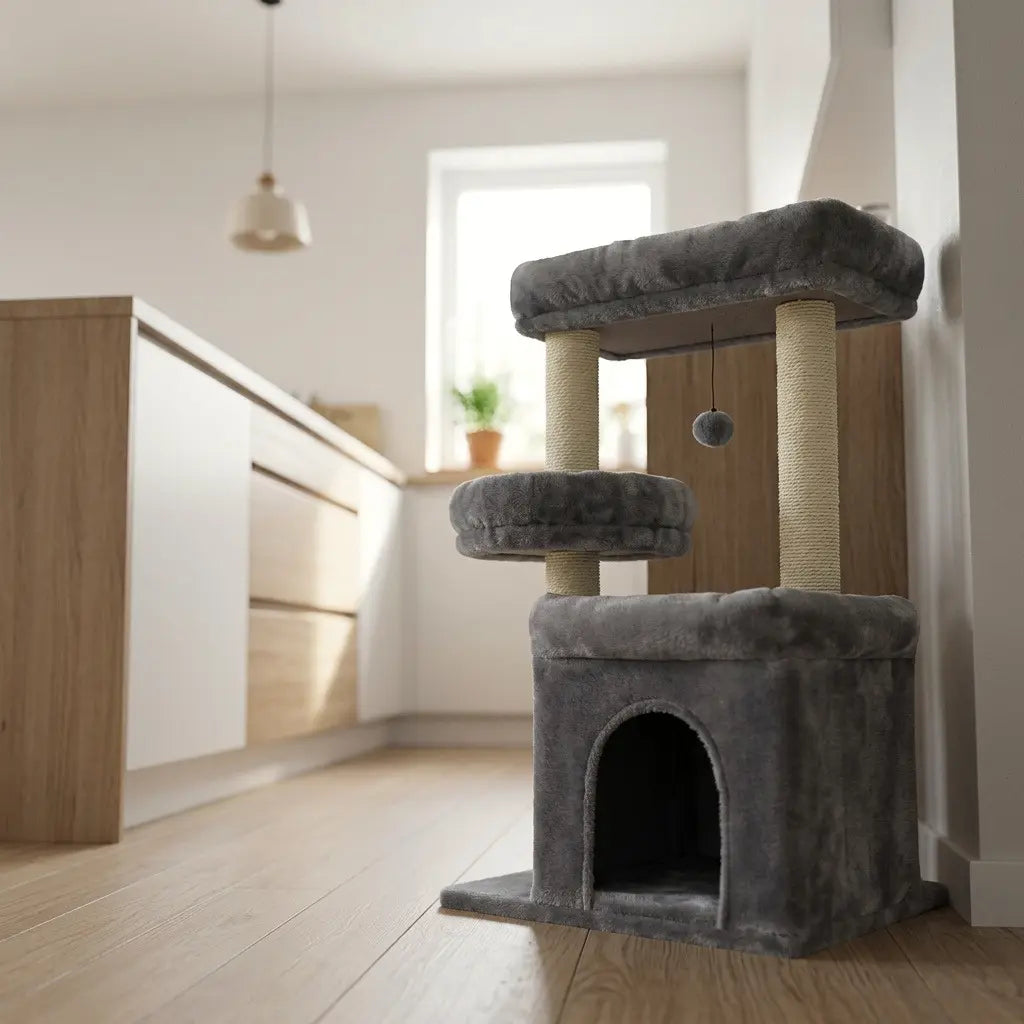 chaton arbre à chat gris avec niche ronde couchage haut et structure compacte