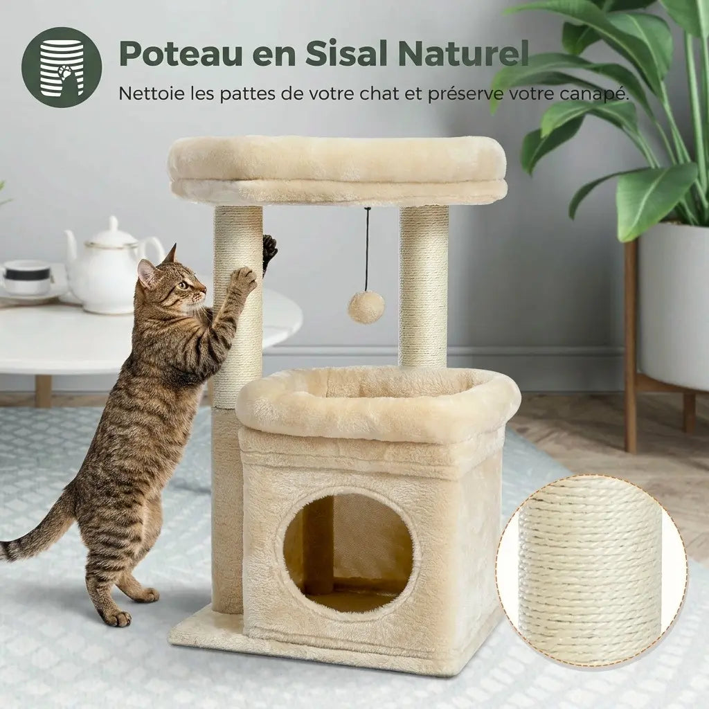 chaton arbre à chat avec poteau en sisal naturel niche et couchage supérieur