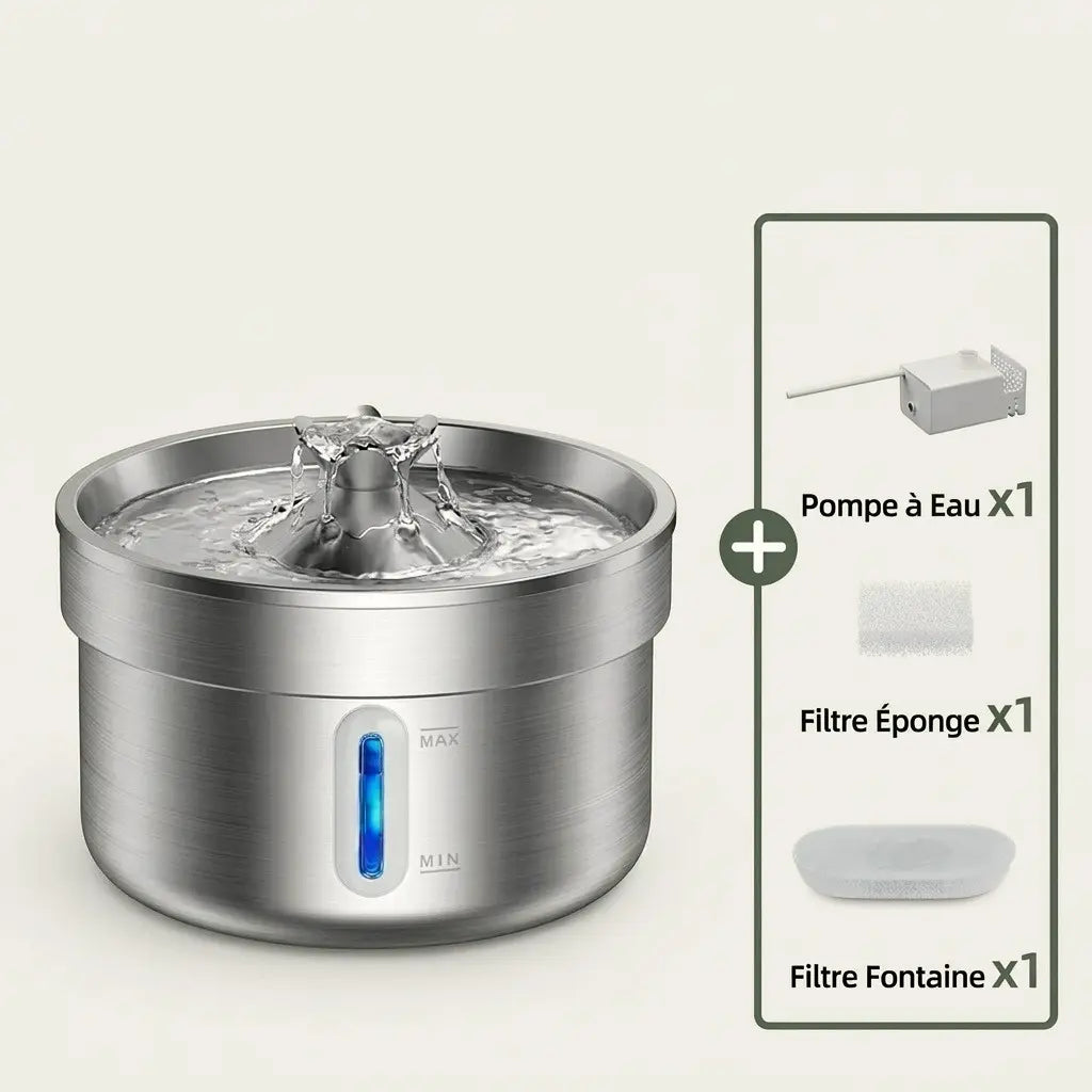 Contenu du kit de la fontaine à eau inox 2L avec pompe, filtre éponge et filtre à charbon