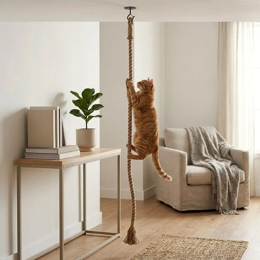 chat grimpant sur une corde à chat suspendue au plafond dans un salon