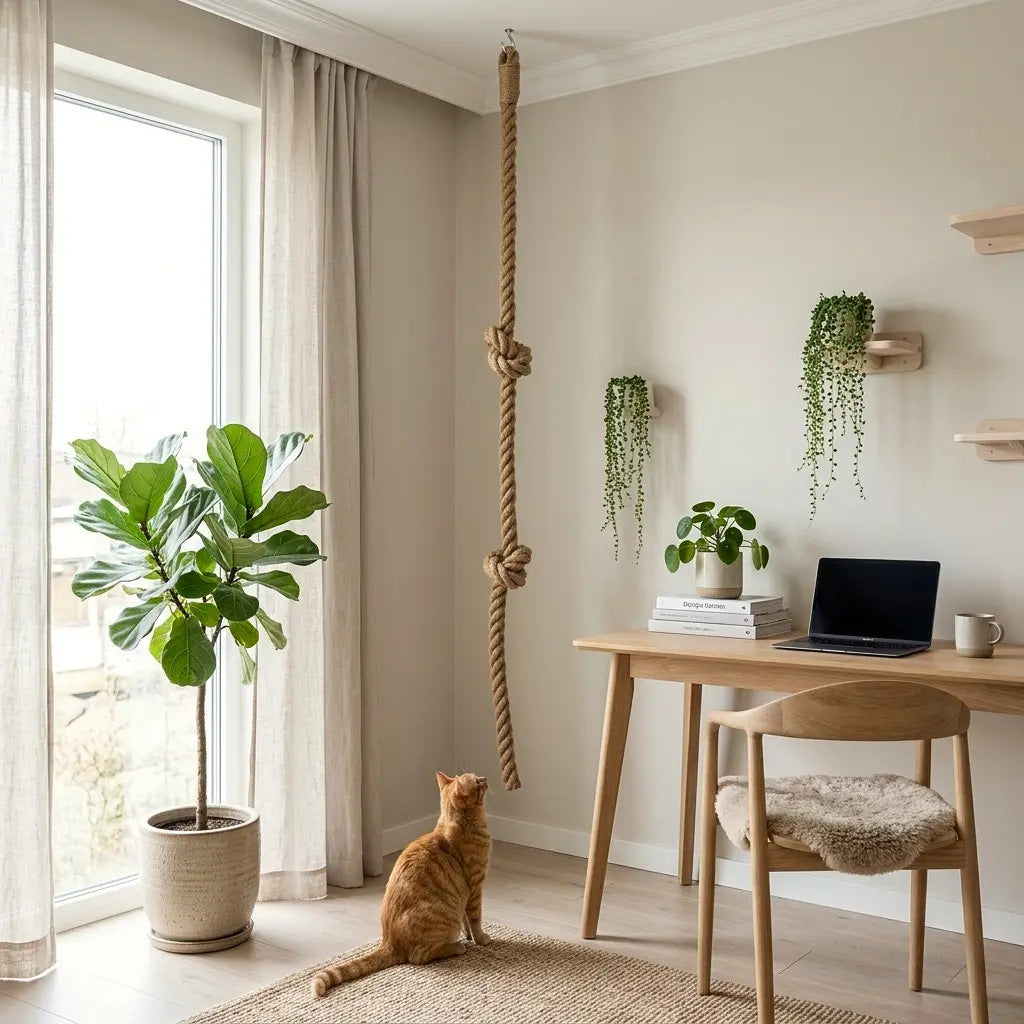 corde à chat suspendue dans un intérieur moderne avec un chat observant la corde