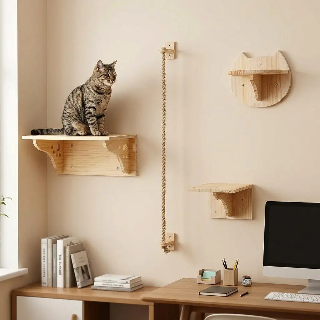 corde en sisal pour chat fixée au mur avec étagères murales en bois pour parcours félin