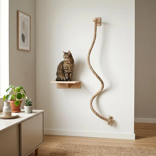 chat utilisant une corde en sisal murale avec plateforme en bois pour grimper