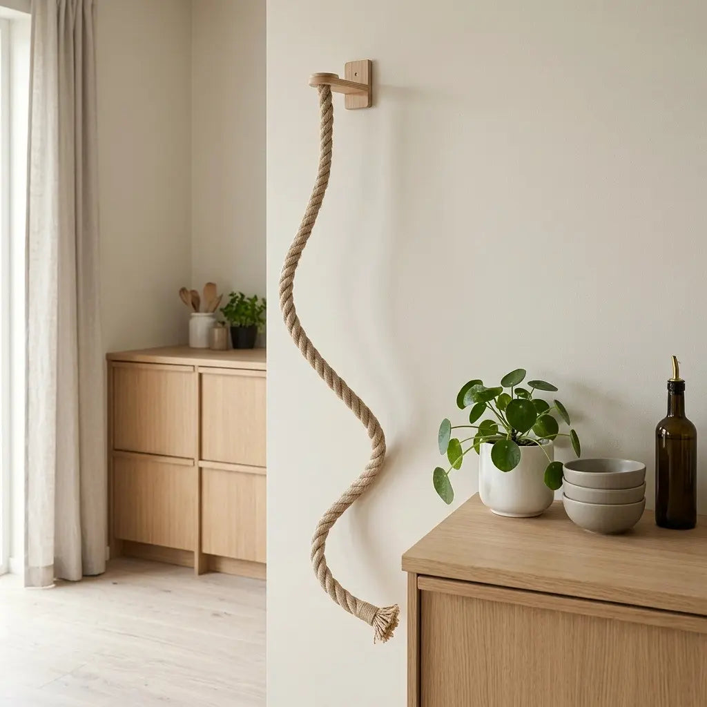 corde en sisal pour chat suspendue au mur dans un salon moderne pour grimper et jouer
