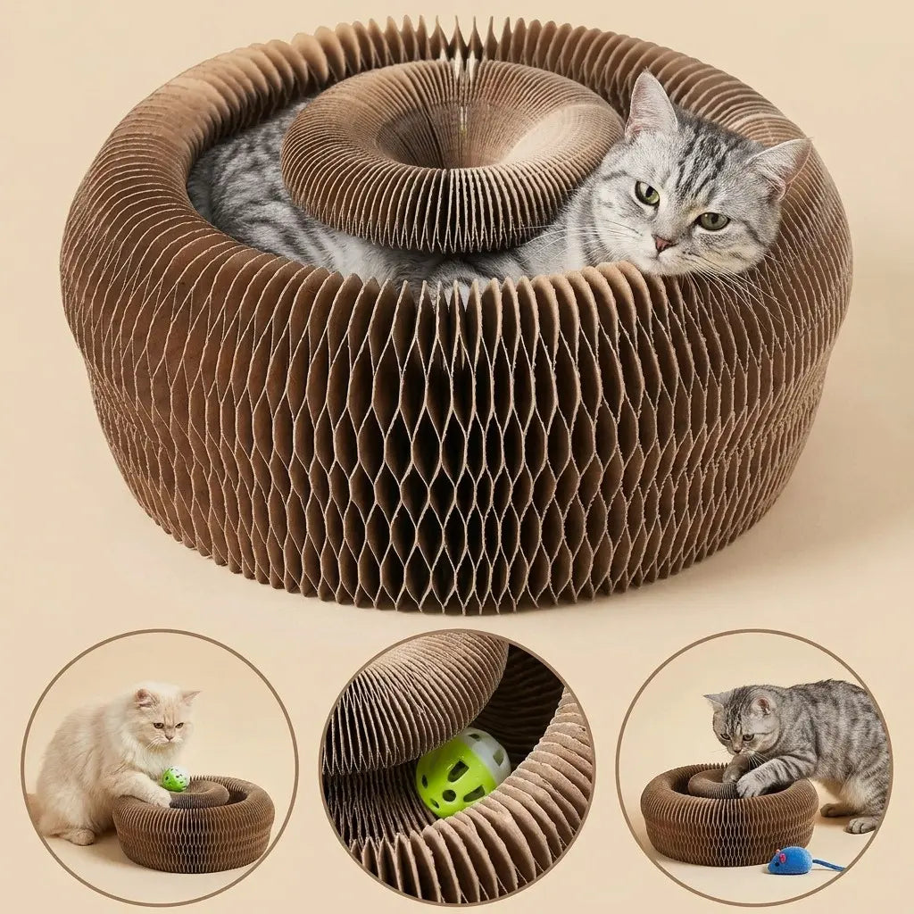 Couchage pour chat en carton accordéon avec fonction griffoir et jouet