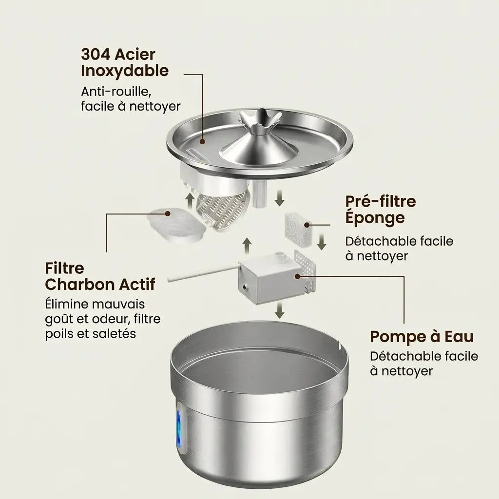 Vue éclatée de la fontaine à eau inox 2L montrant le filtre, la pompe et les composants démontables