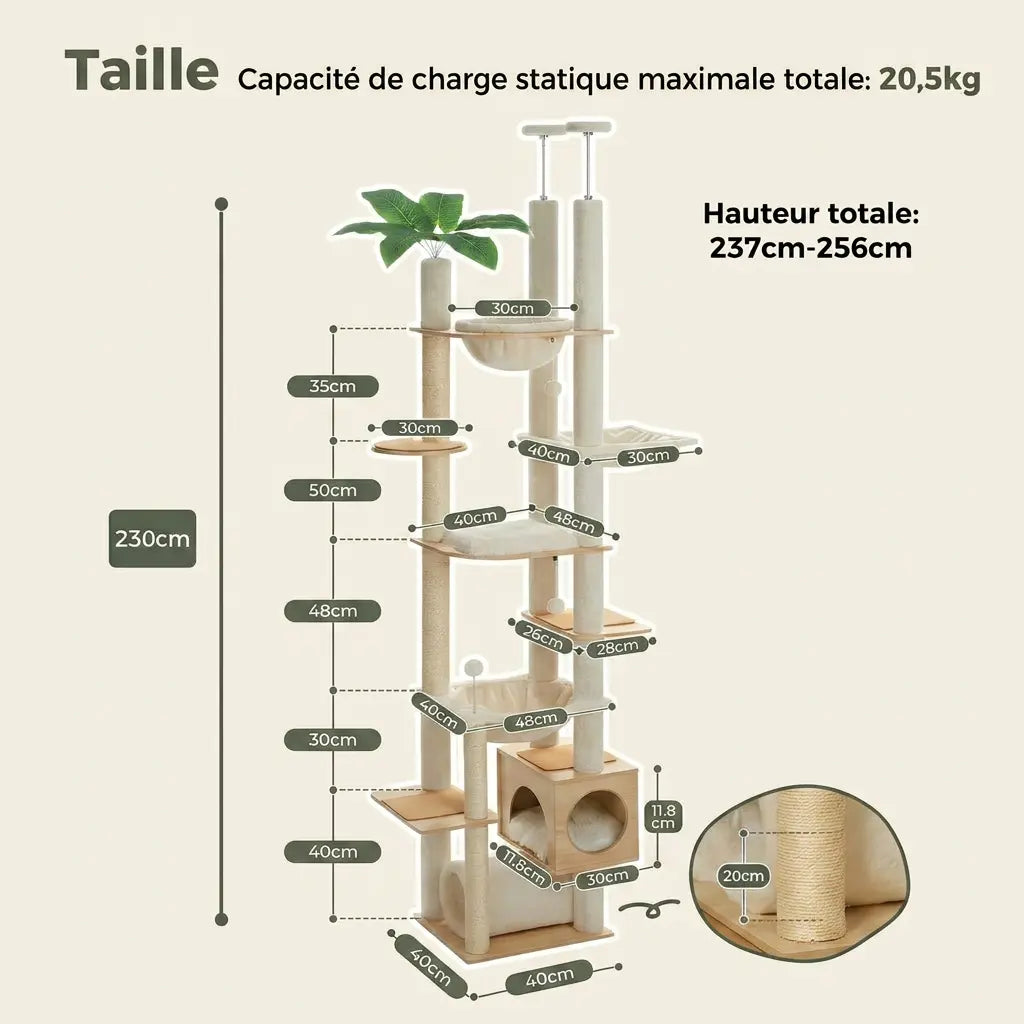 Arbre à chat au plafond ajustable bois et crème avec deux configurations de hauteur réglable de 197 à 256 cm