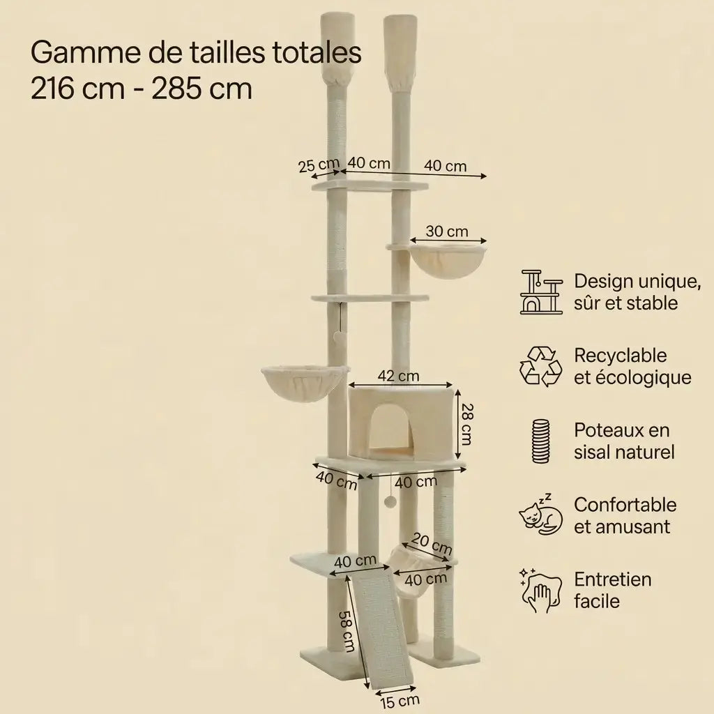 Dimensions détaillées d'un arbre à chat beige XXL réglable du sol au plafond avec plateformes, niche et hamacs.