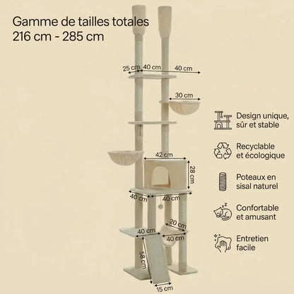 Dimensions détaillées d'un arbre à chat beige XXL réglable du sol au plafond avec plateformes, niche et hamacs.