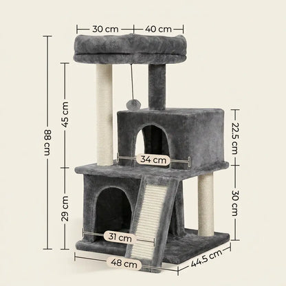 Dimensions détaillées d'un arbre à chat pour chaton de 88 cm avec double niche, rampe griffoir et plateforme de repos