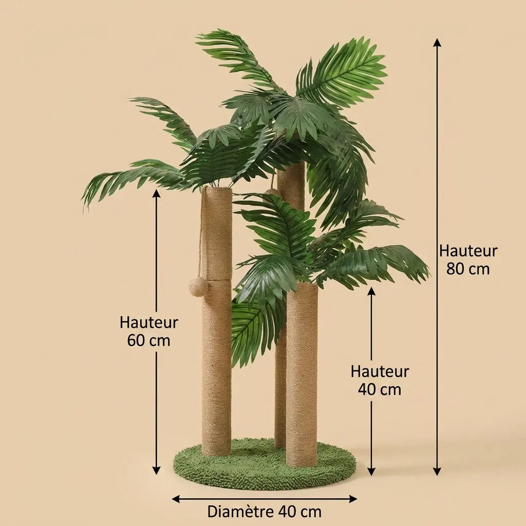 Dimensions détaillées de l’arbre à chat griffoir palmier avec hauteur de 80 cm et base de 40 cm de diamètre.