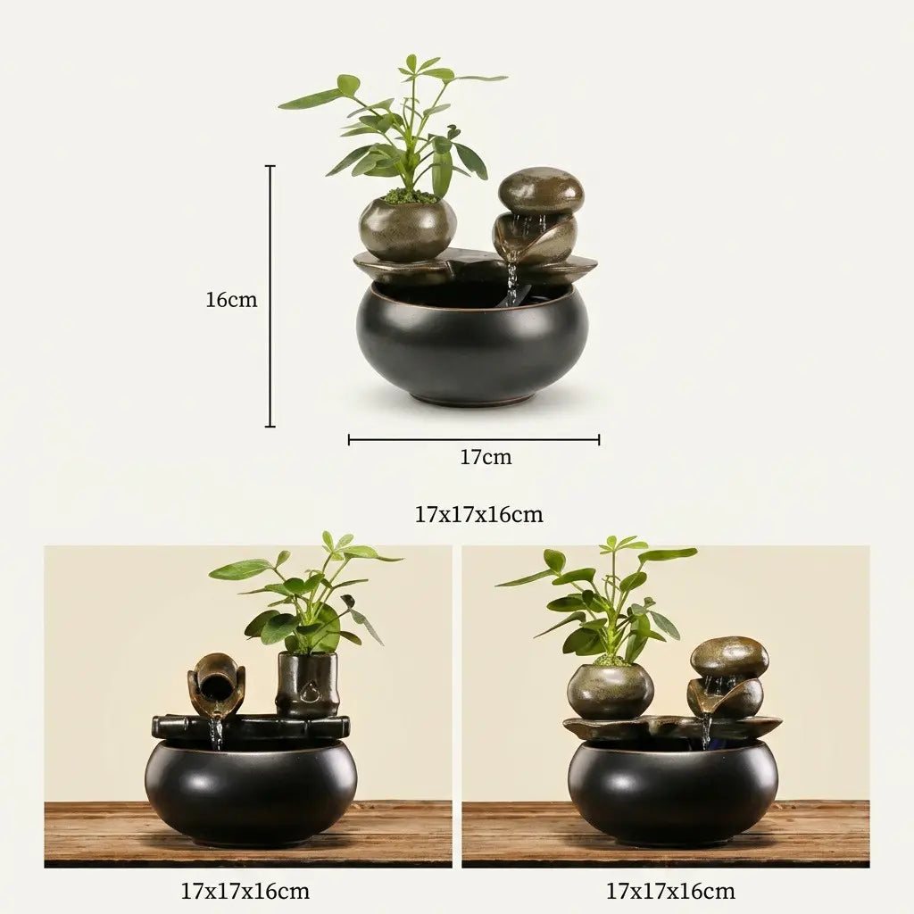 Dimensions de la fontaine à eau céramique noir design avec plante décorative