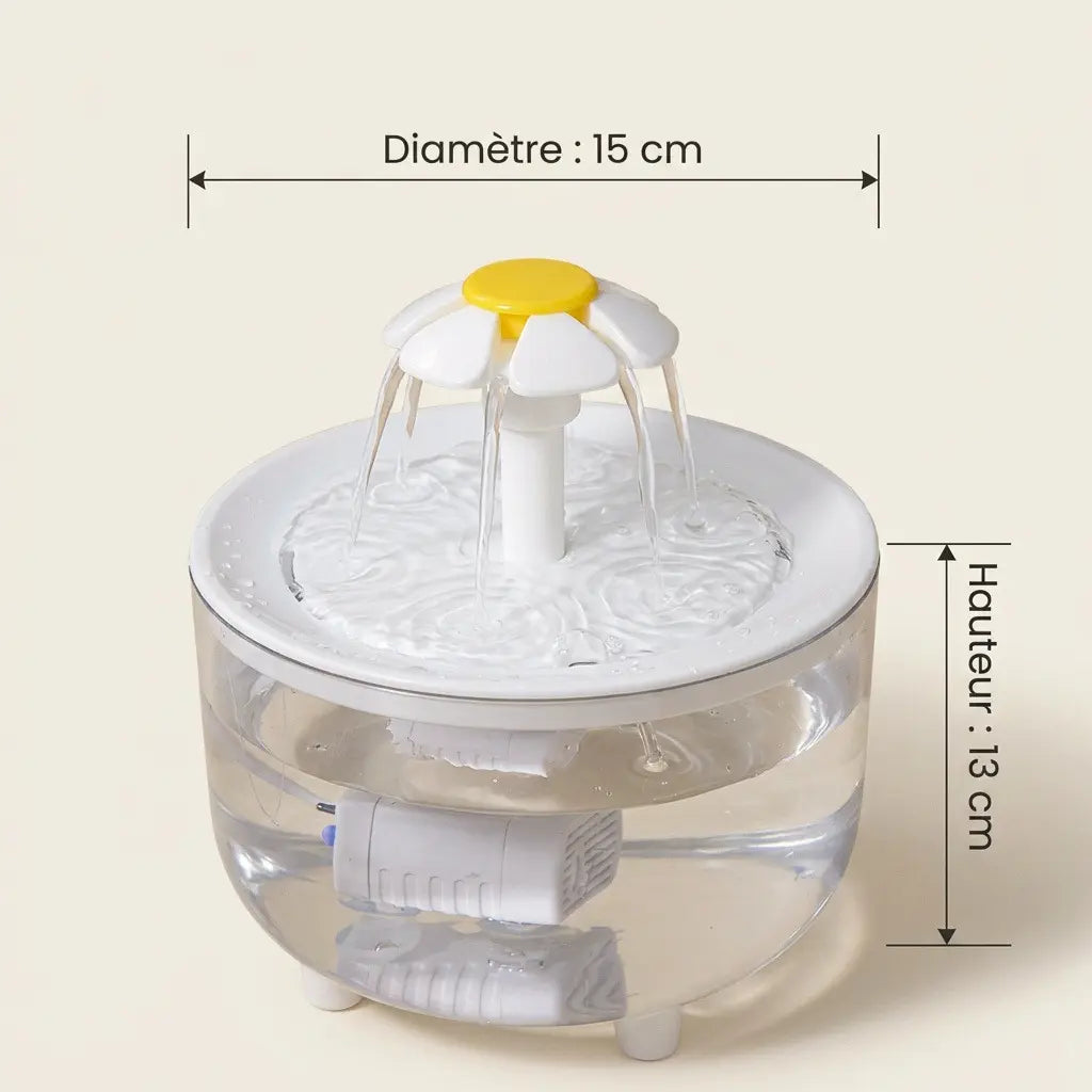Dimensions de la fontaine à eau électrique pour chat avec diamètre de 15 cm et hauteur de 13 cm