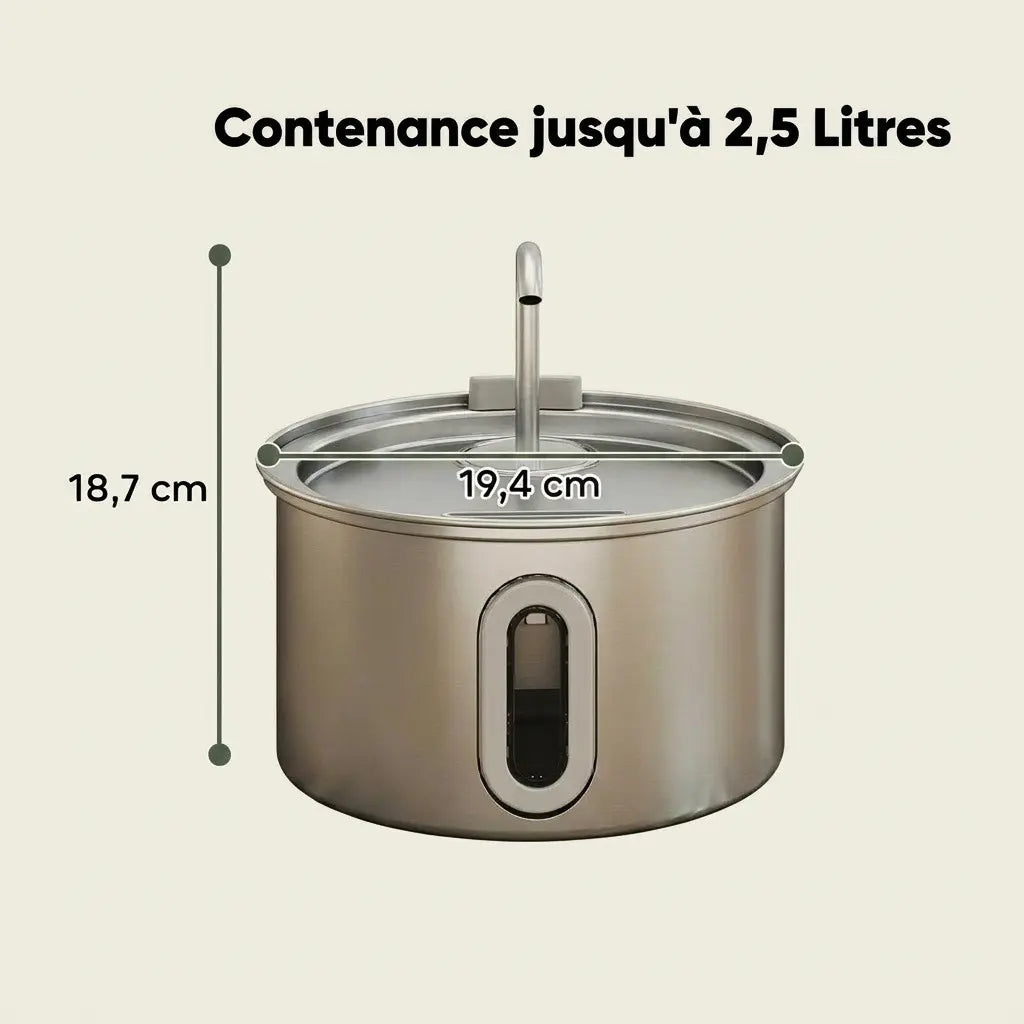 Dimensions de la fontaine à eau en inox ultra silencieuse avec une capacité de 2,5 litres