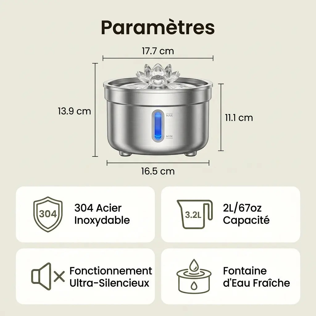 Dimensions et caractéristiques de la fontaine à eau en acier inoxydable 2L pour chat