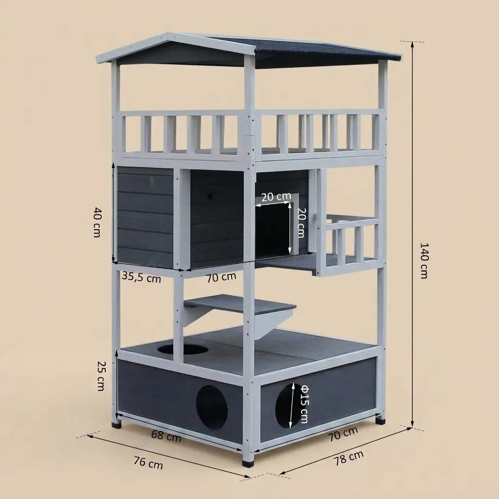 Dimensions détaillées d’une grande maison chat extérieur en bois avec plusieurs espaces adaptés au confort du chat.