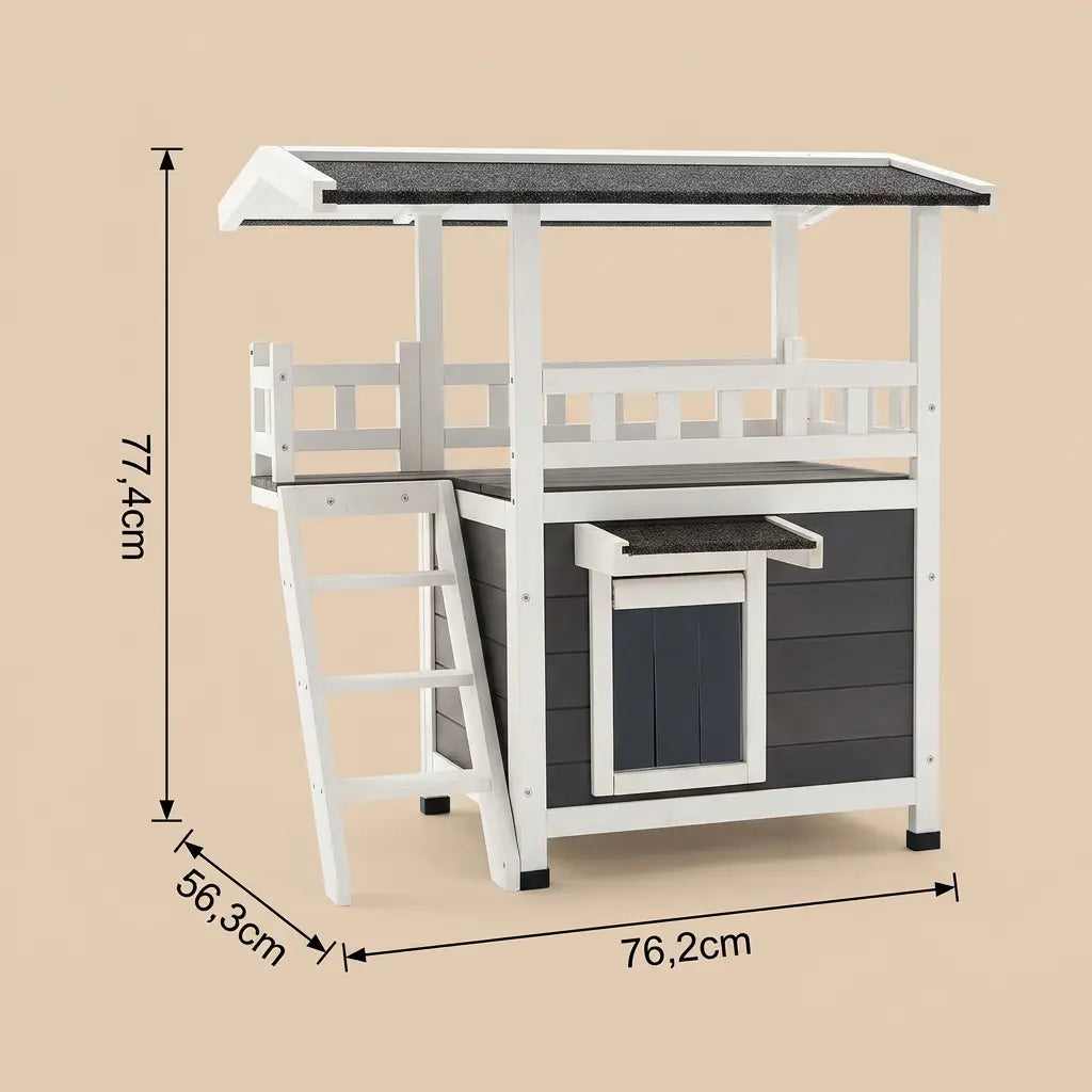 Dimensions d’une maison chat extérieur 2 niveaux avec terrasse, toit imperméable et structure en bois robuste.