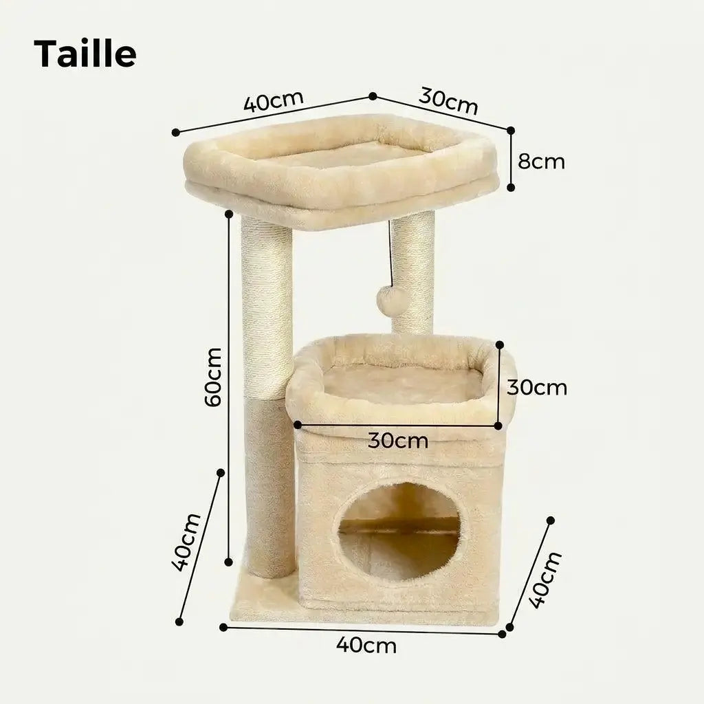 Dimensions d'un mini arbre à chat avec niche de repos, couchage supérieur et poteaux griffoirs en sisal