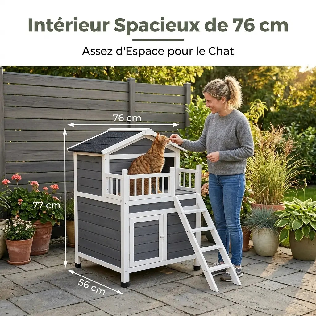 Dimensions détaillées d’une niche chat extérieur 2 niveaux avec plateforme et escalier pour chats adultes.