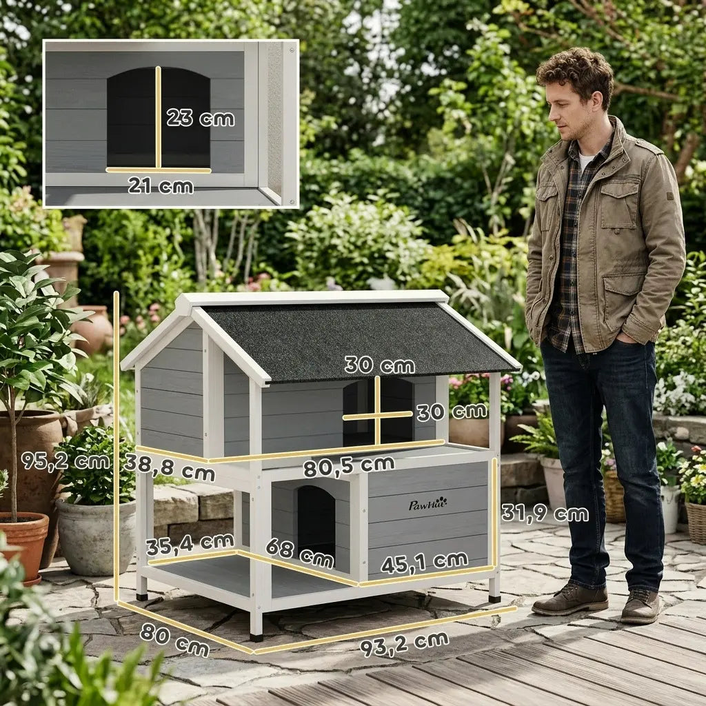 Dimensions détaillées d’une niche pour chat extérieur en bois avec espace surélevé et couchage confortable.