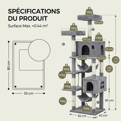 dimensions arbre à chat Maine Coon avec tailles des plateformes et capacité de charge pour gros chats