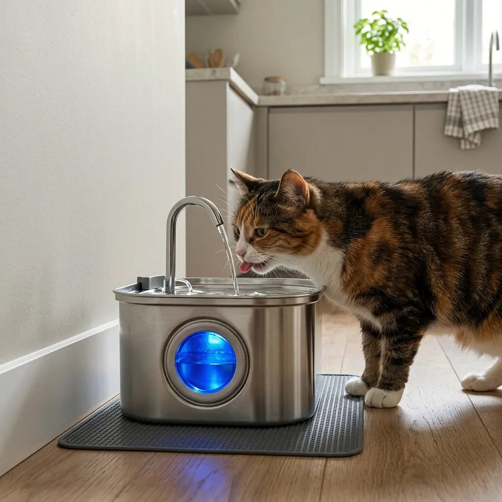 Chat buvant dans un distributeur d'eau automatique en inox 3,2 L avec fenêtre de niveau d'eau lumineuse