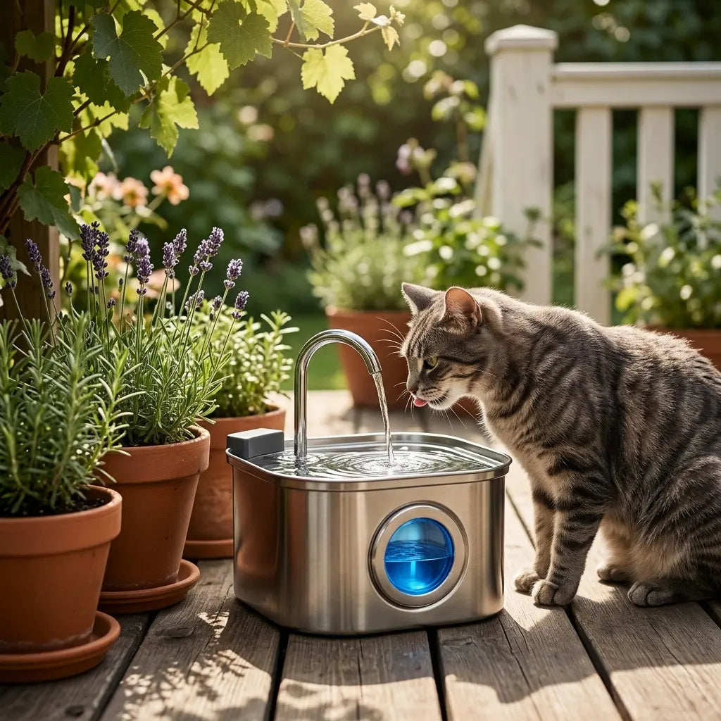 Distributeur d'eau automatique en inox 3,2 L utilisé par un chat sur une terrasse extérieure