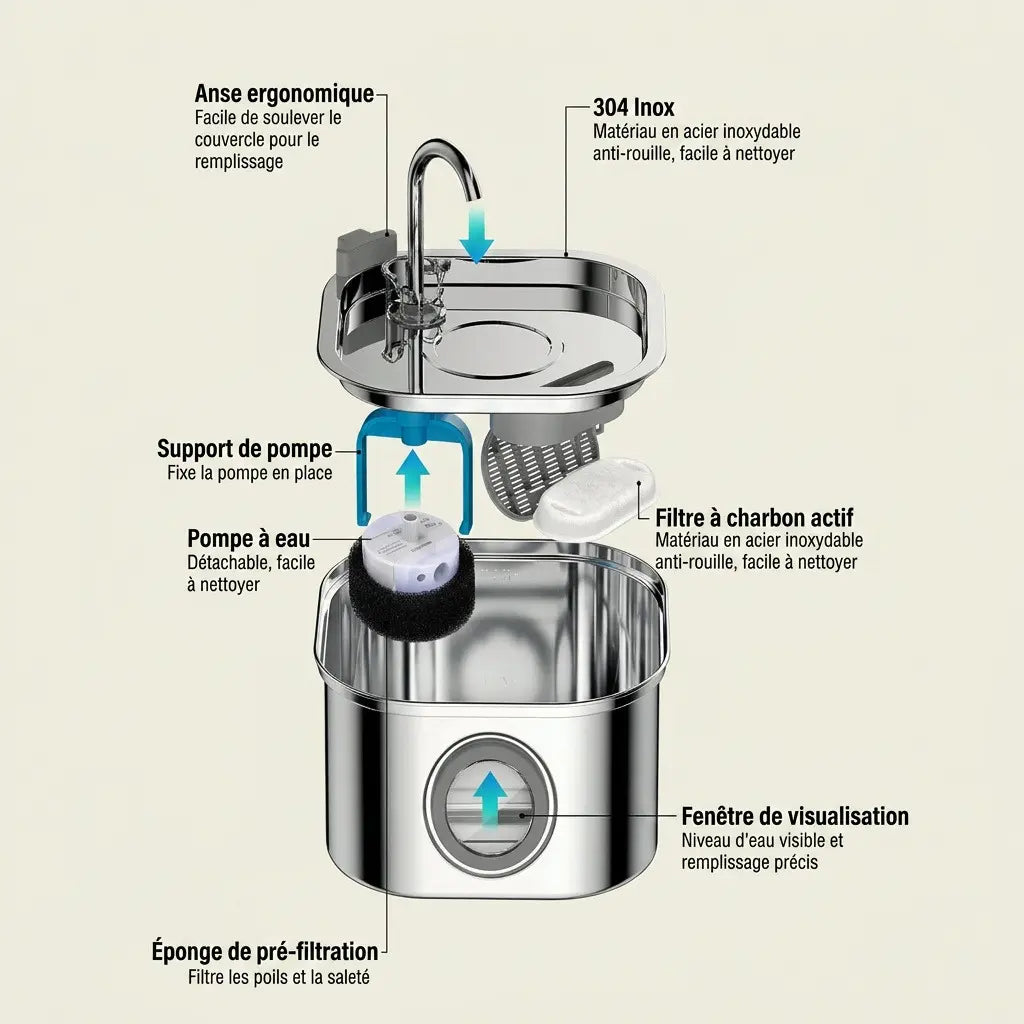 Schéma éclaté du distributeur d'eau automatique en inox 3,2 L présentant la pompe, le filtre et les composants