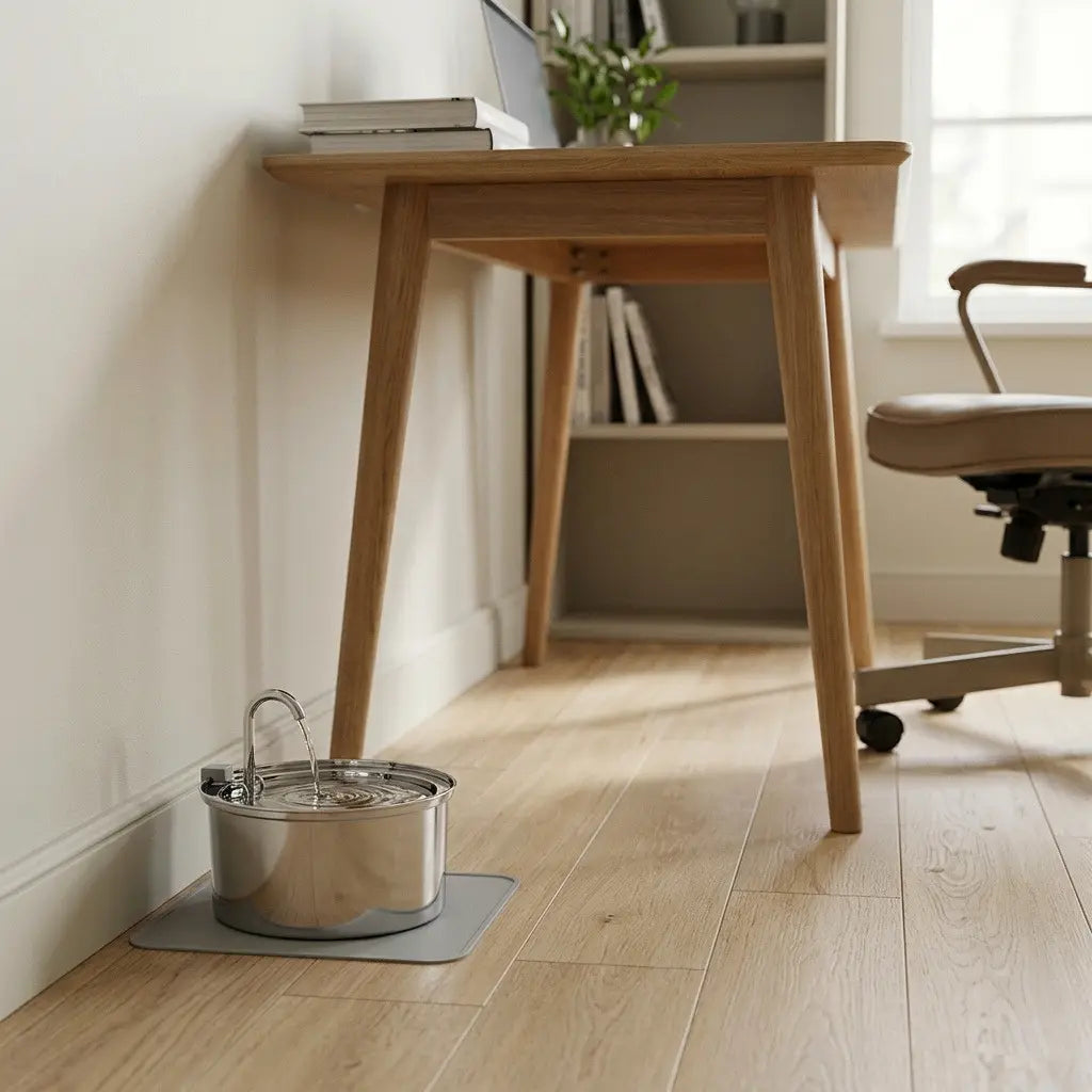 Distributeur d'eau pour chat 3,2 L installé dans un bureau avec fontaine en acier inoxydable