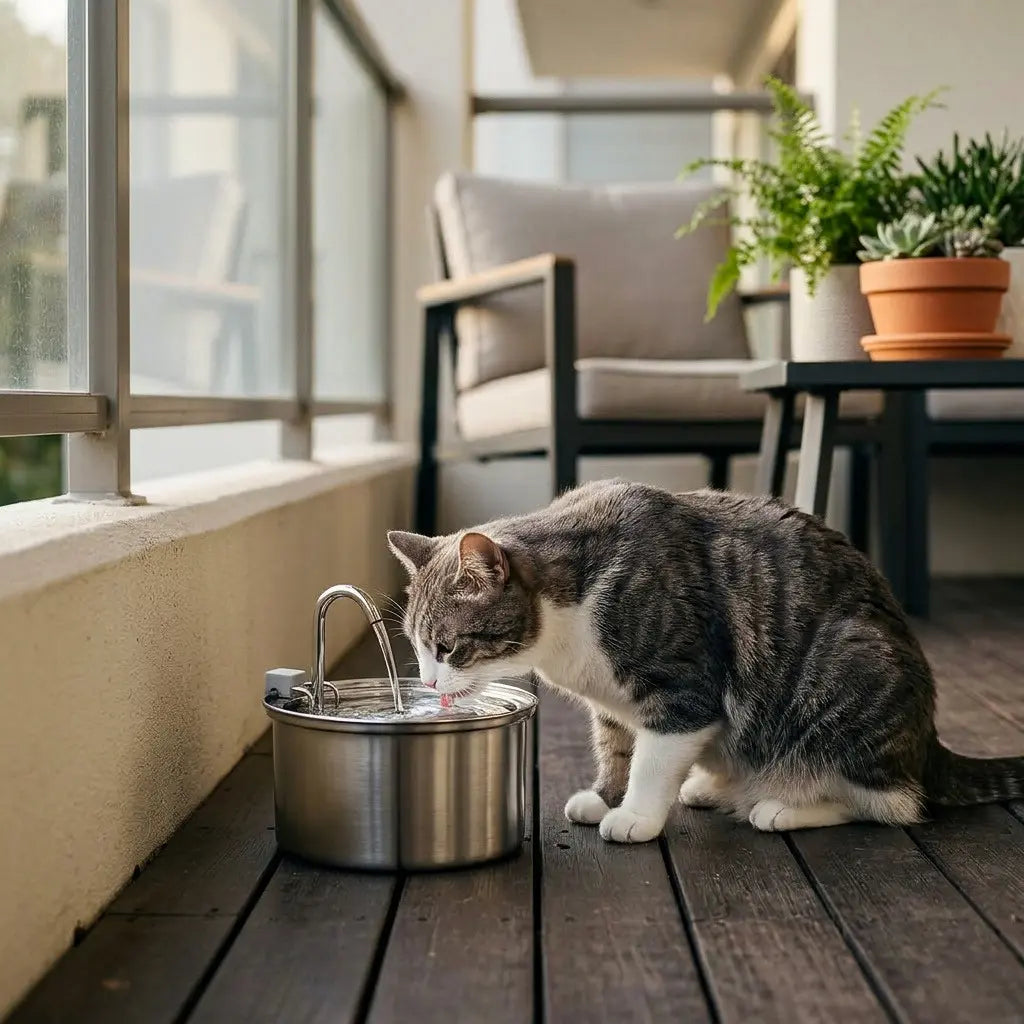Chat noir buvant dans un distributeur d'eau pour chat 3,2 L en acier inoxydable