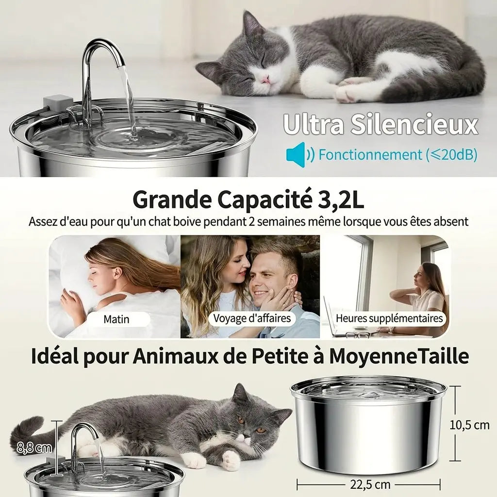 Distributeur d'eau pour chat 3,2 L silencieux avec grande capacité et dimensions du produit