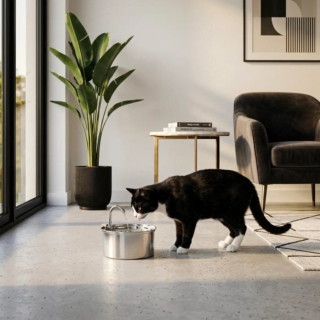 Chat noir buvant dans un distributeur d'eau pour chat 3,2 L en acier inoxydable