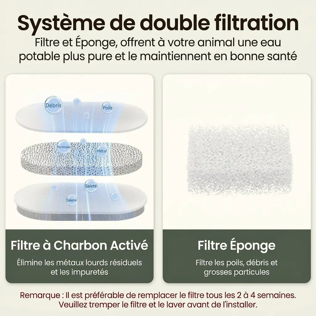 Système de double filtration avec filtre à charbon actif et filtre éponge pour fontaine à eau inox 2L