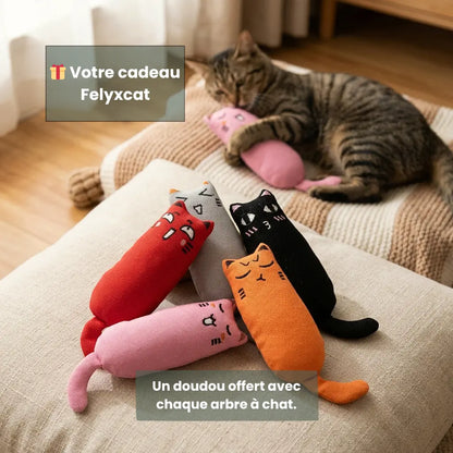 Jouet doudou offert avec chaque arbre à chat Felyxcat, utilisé par un chat dans un espace de repos confortable et apaisant.