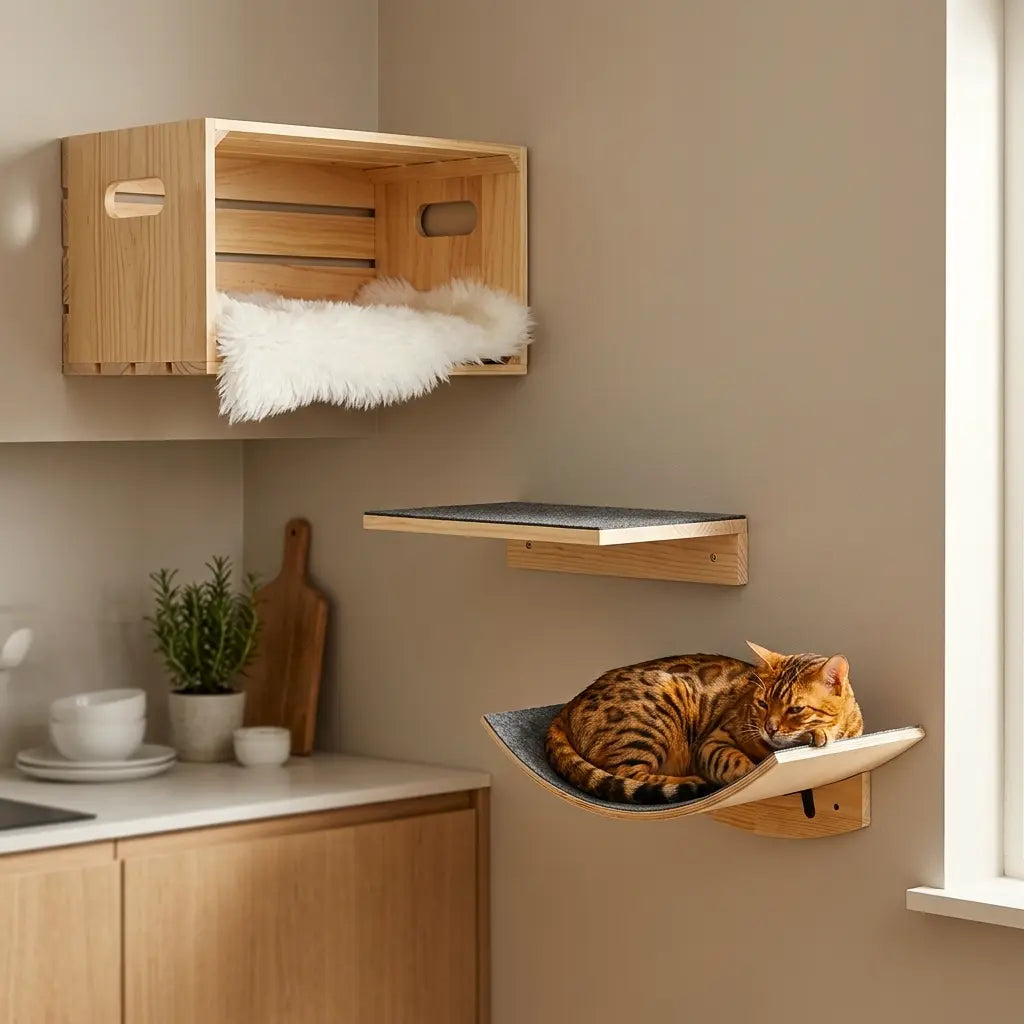 etagere murale arbre à chat espace repos avec hamac et plateforme murale