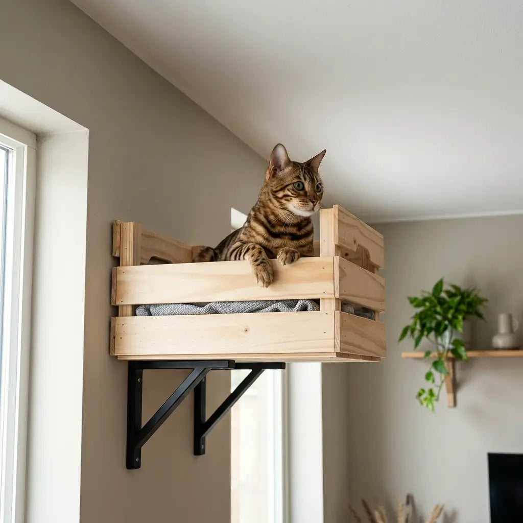 etagere murale arbre à chat panier bois mural avec chat allongé