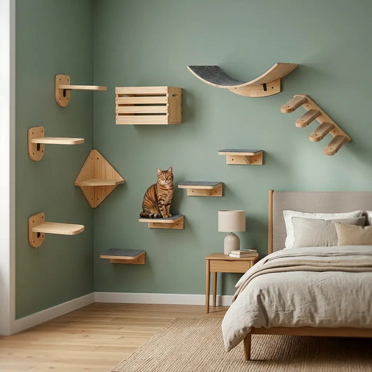 etagere murale arbre à chat parcours mural complet design bois pour chat