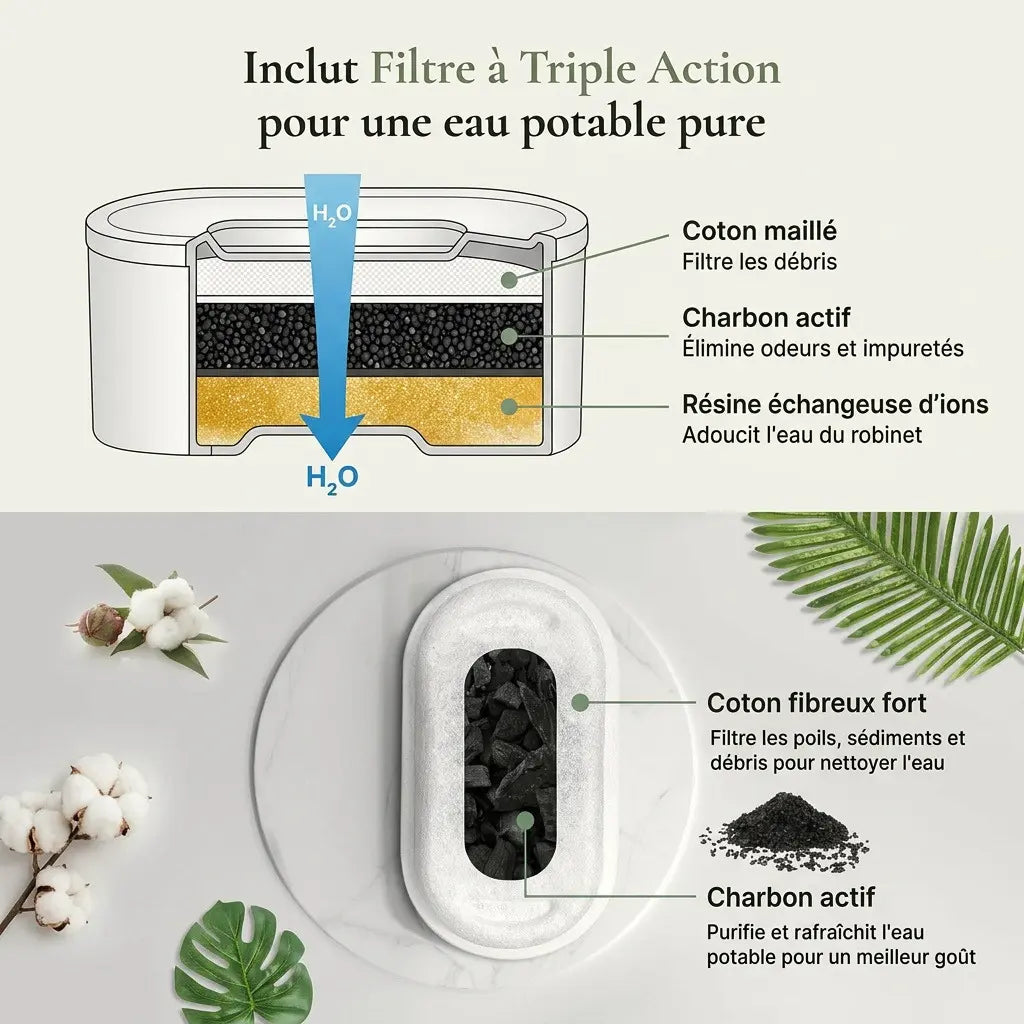 Filtre triple action du distributeur d'eau automatique en inox 3,2 L avec charbon actif, coton maillé et résine échangeuse d'ions