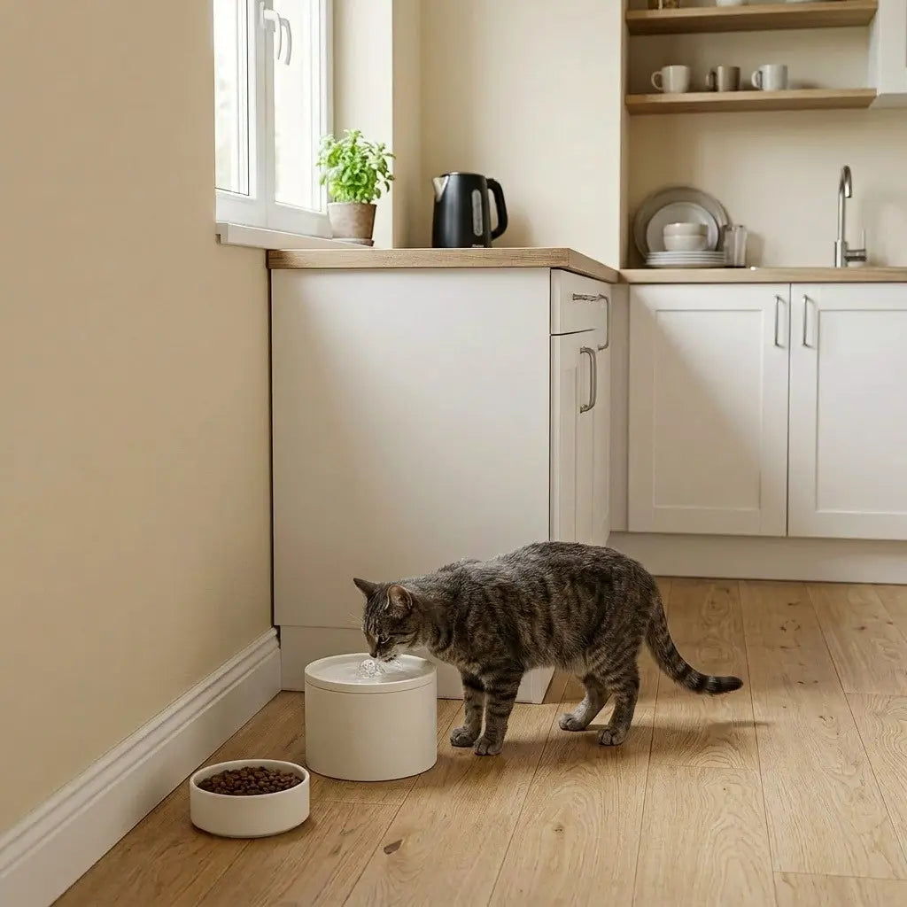 Chat buvant dans une fontaine céramique naturelle installée dans une cuisine