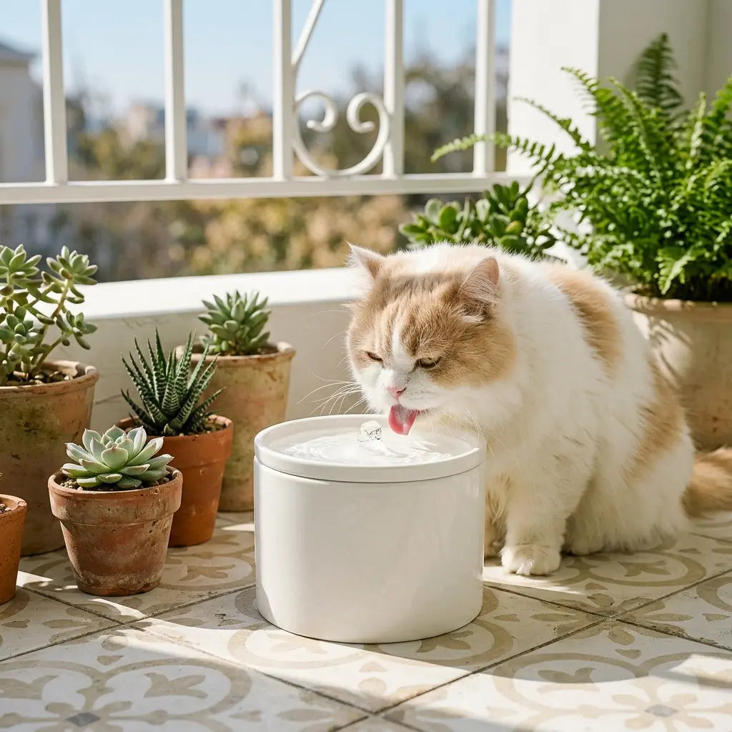 Chat s'hydratant avec une fontaine céramique naturelle sur une terrasse