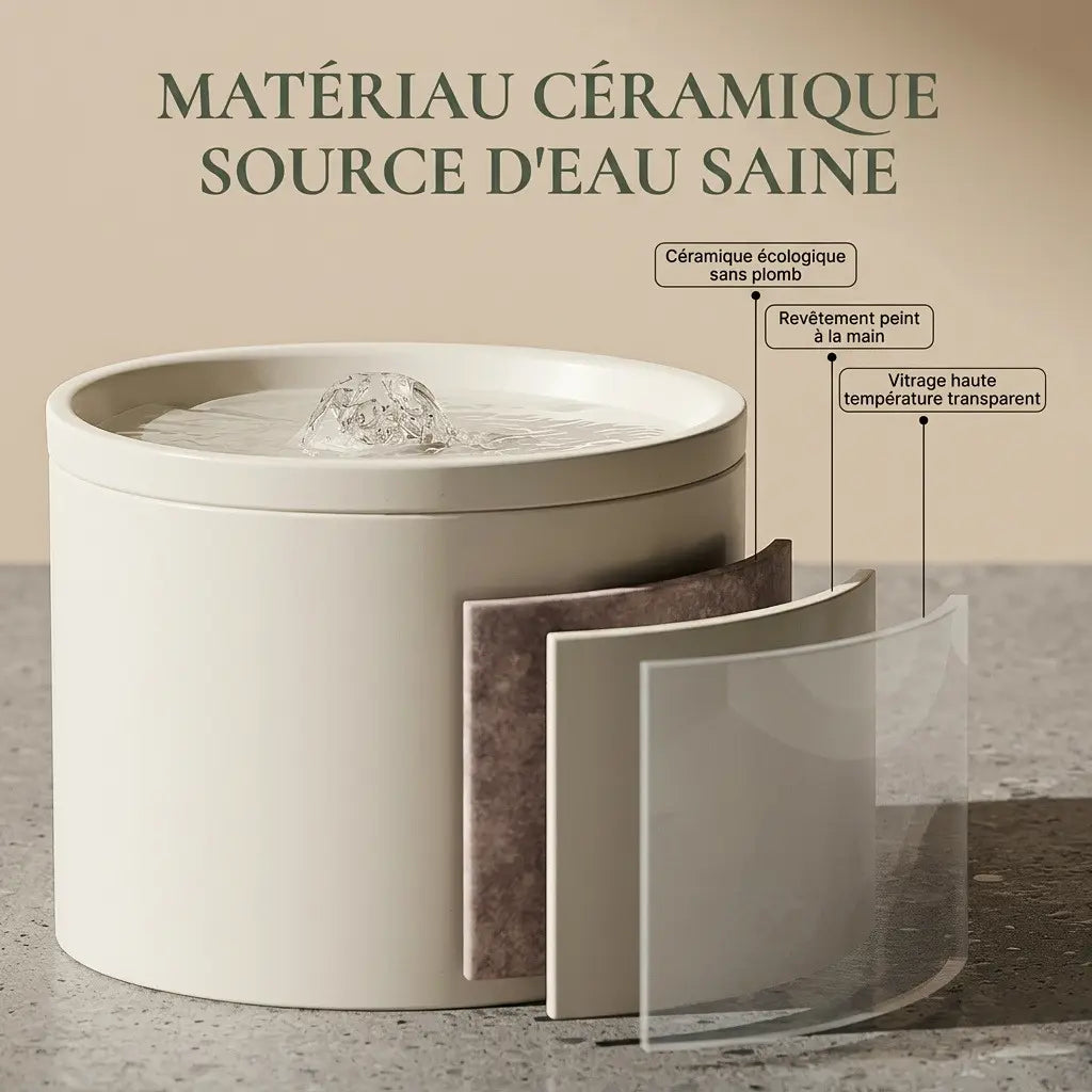 Fontaine céramique naturelle présentant les matériaux de fabrication en céramique écologique sans plomb