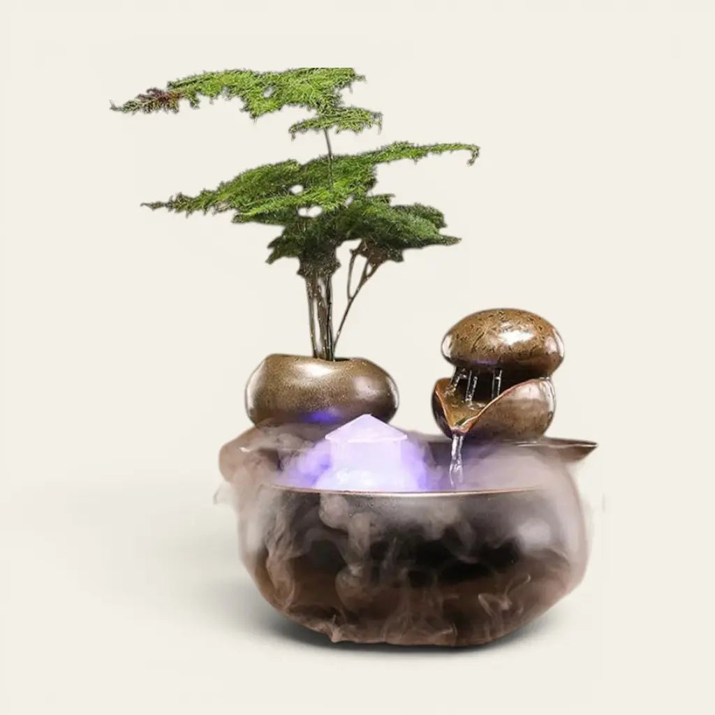 Fontaine céramique noir design avec brumisateur, cascade d'eau et bonsaï décoratif pour intérieur