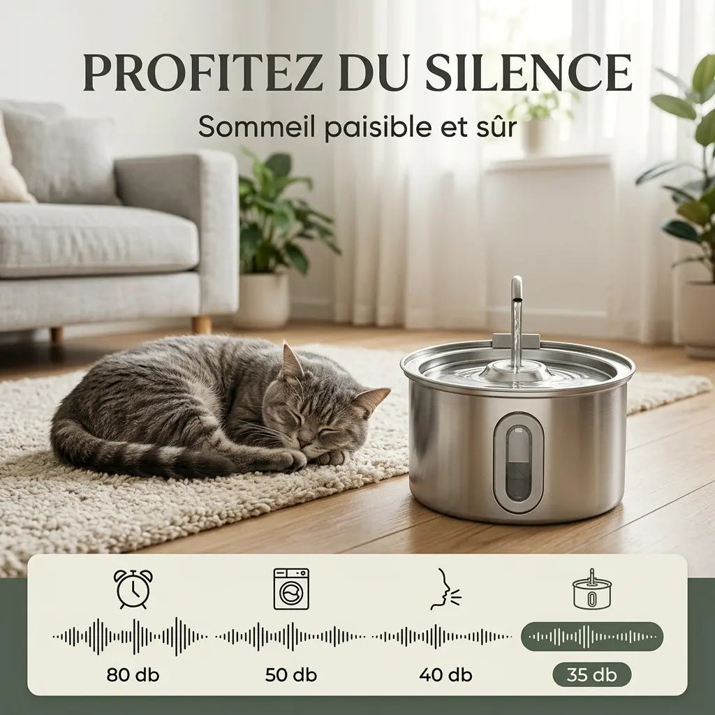 Illustration de la fontaine à eau en inox ultra silencieuse avec un niveau sonore inférieur à 35 dB