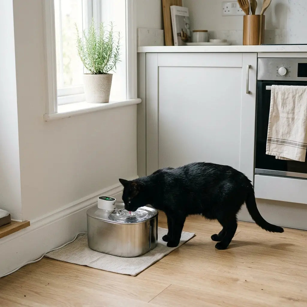 Fontaine chat grande capacité installée dans une cuisine moderne avec un chat noir