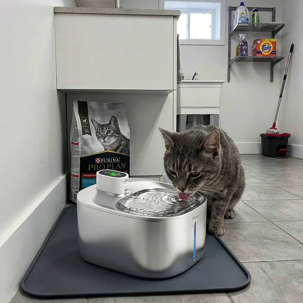 Chat buvant dans une fontaine chat grande capacité en acier inoxydable