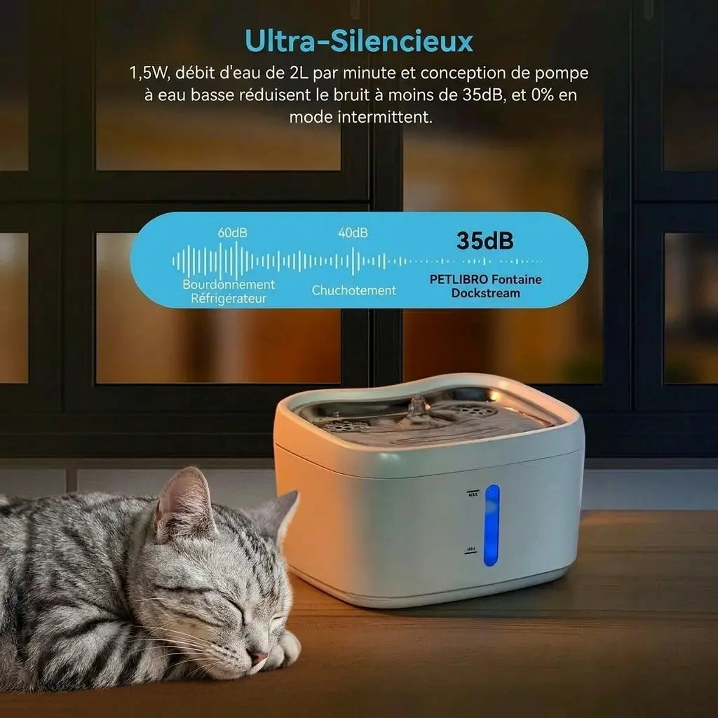 Illustration du fonctionnement ultra silencieux à moins de 35 dB de la fontaine à eau connectée